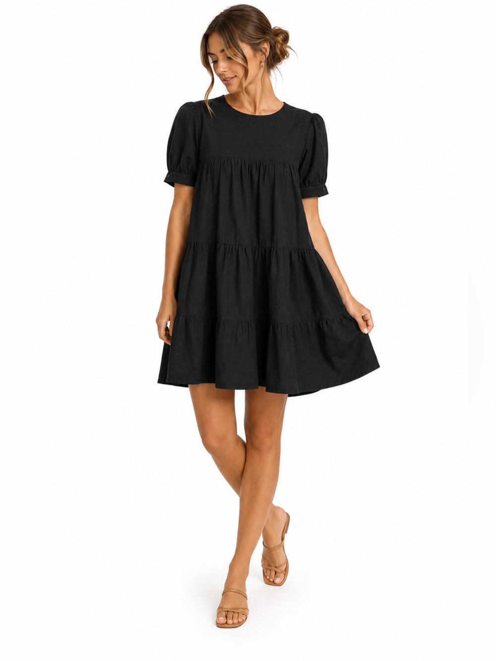 Tuckernuck Pomander Place Black Tiered Babydoll Dress Puff Sleeve Coastal Chic S